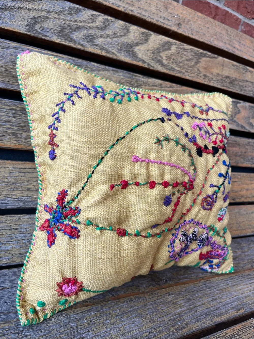 Handmade Embroidered Pillow 12x12x3 Colorful Folk Art Decorative Throw Pillow